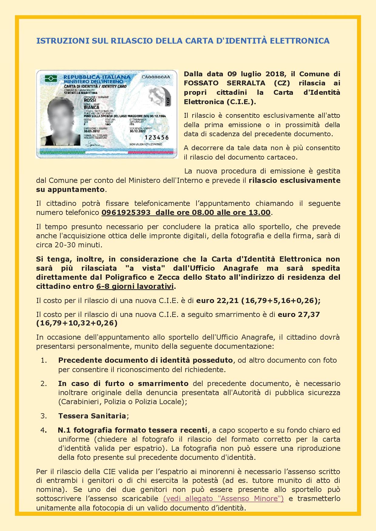ISTRUZIONI SUL RILASCIO DELLA CARTA D'IDENTIT&Agrave; ELETTRONICA